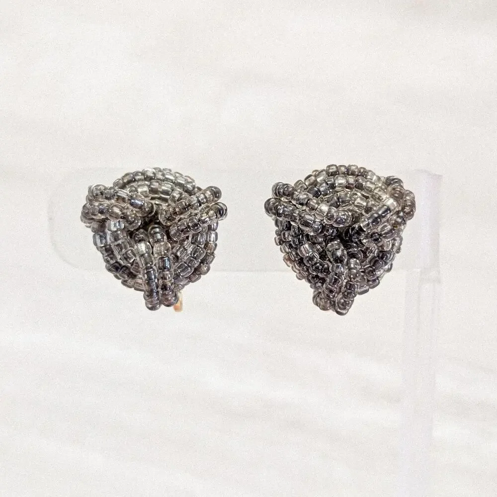 Vintage Clip On Earrings Grey Beaded Stylish Design Statement Earrings